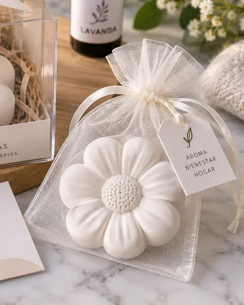 Piedra aromática en forma de flor dentro de una bolsita de organza con etiqueta