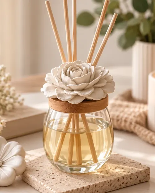 Difusor de varillas con una flor de yeso sobre el frasco