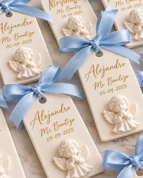 Placas de yeso con ángel, nombre y fecha para bautizo