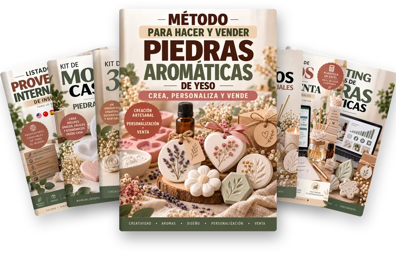 Portada del Método para Hacer y Vender Piedras Aromáticas de Yeso junto a las portadas de los 6 bonos